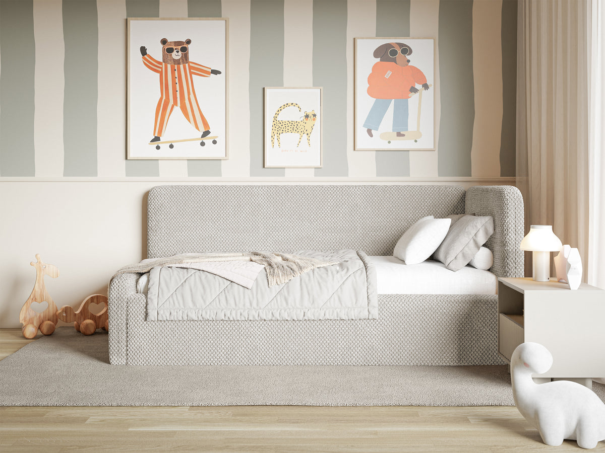 Jugendbett 90x200 cm Fanklo rechtsseitig mit Matratze und Aufbewahrungsbox, grau-beiger wasserabweisender Plüsch