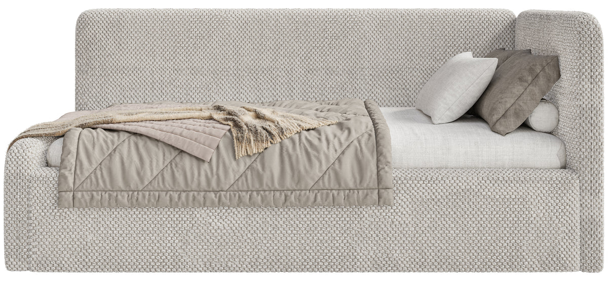 Jugendbett 90x200 cm Fanklo rechtsseitig mit Matratze und Aufbewahrungsbox, grau-beiger wasserabweisender Plüsch