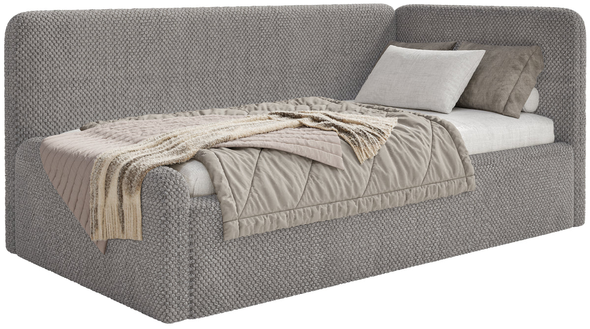 Jugendbett 90x200 cm Fanklo rechtsseitig mit Stauraum, grau-brauner Plüsch, wasserabweisend