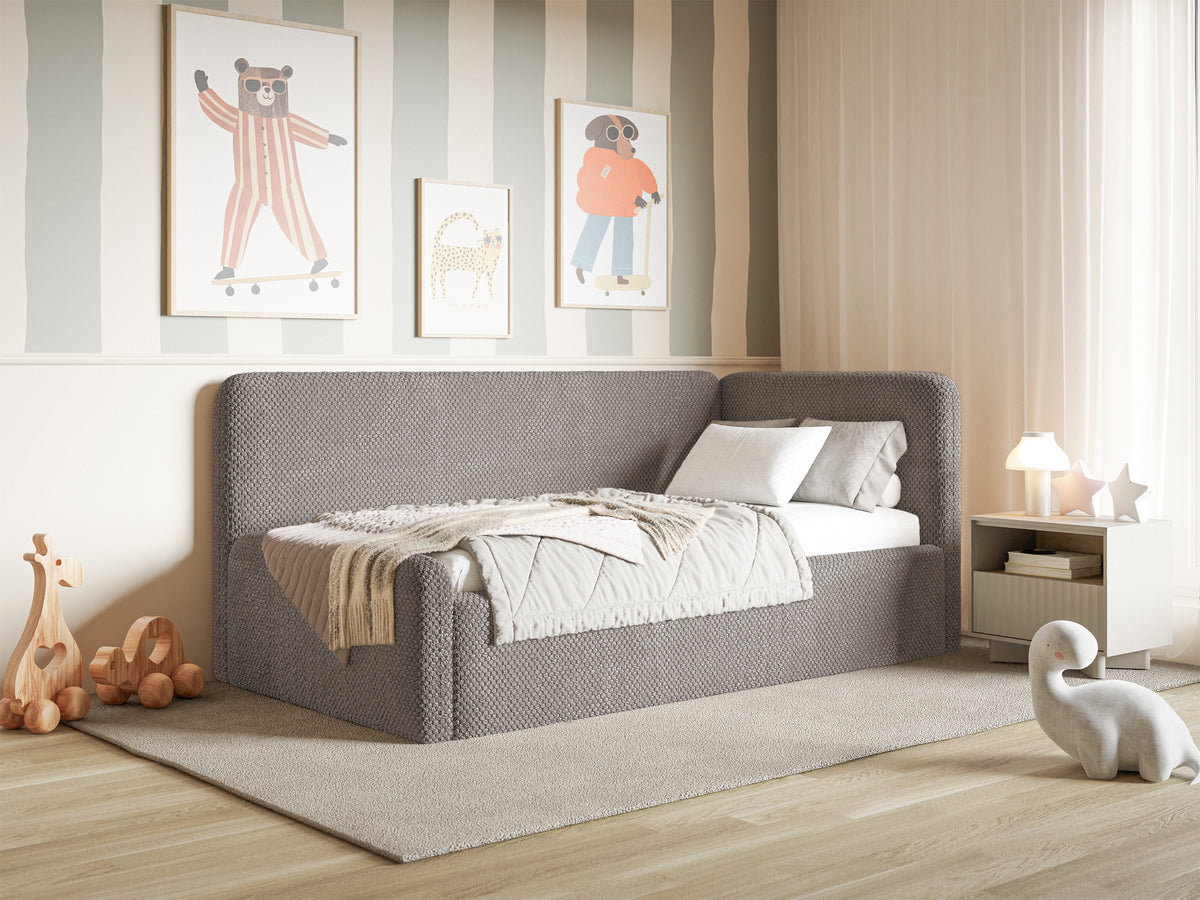 Jugendbett 90x200 cm Fanklo rechtsseitig mit Stauraum, grau-brauner Plüsch, wasserabweisend