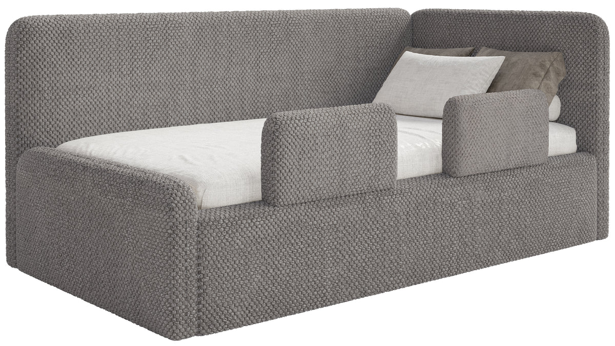 Jugendbett 120x200 cm Fanklo rechtsseitig mit Stauraum und Schutzgittern, grau-brauner Plüsch, wasserabweisend