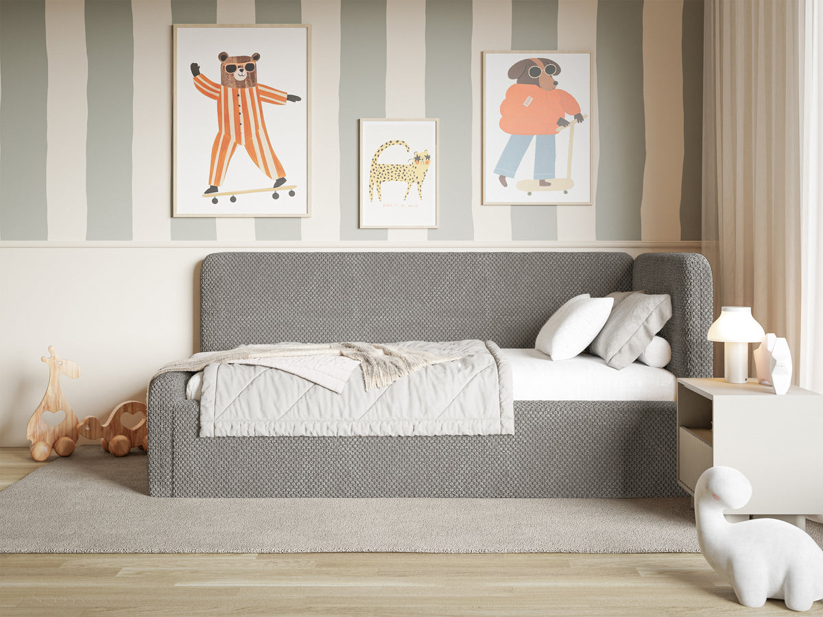 Jugendbett 90x200 cm Fanklo rechtsseitig mit Stauraum, grau-brauner Plüsch, wasserabweisend