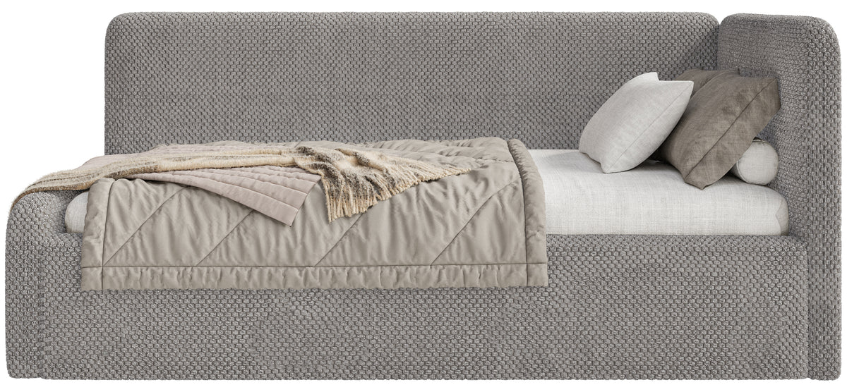 Jugendbett 120x200 cm Fanklo rechtsseitig mit Stauraum, grau-brauner Plüsch, wasserabweisend