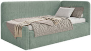 Jugendbett 90x200 cm Fanklo rechtsseitig mit Matratze und Stauraum, salbeigrüner Plüsch, wasserabweisend