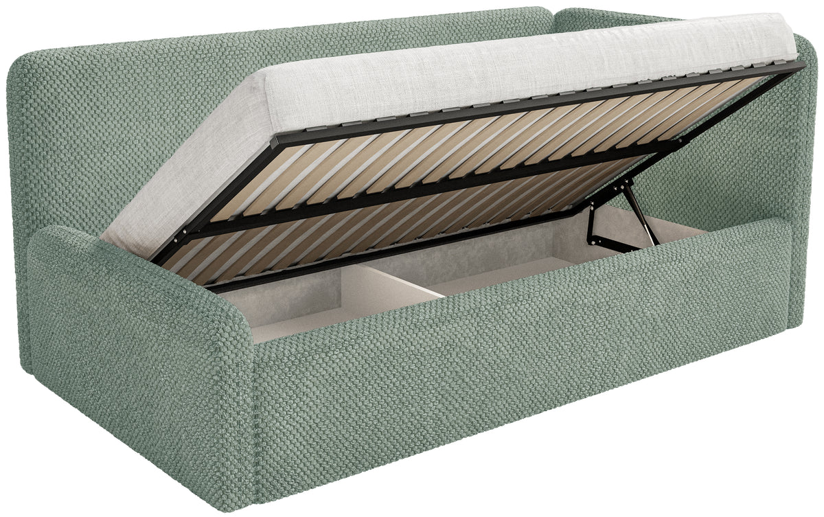 Lit junior 120x200 cm Fanklo droit avec matelas, coffre de rangement et barrières velours sauge hydrofuge