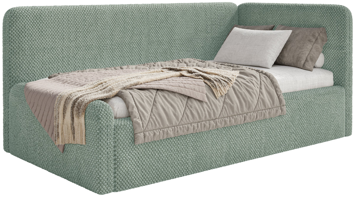 Lit junior 120x200 cm Fanklo droit avec matelas, coffre de rangement et barrières velours sauge hydrofuge