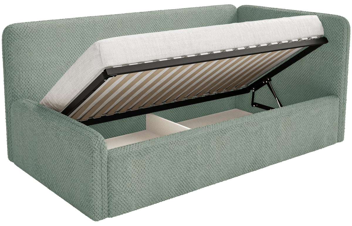 Jugendbett 90x200 cm Fanklo rechtsseitig mit Matratze und Stauraum, salbeigrüner Plüsch, wasserabweisend