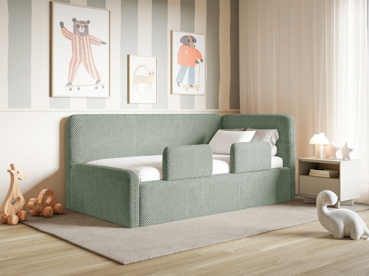 Lit junior 120x200 cm Fanklo droit avec rangement et barrières velours sauge hydrofuge