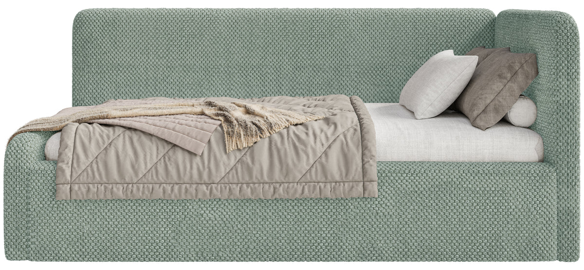 Jugendbett 90x200 cm Fanklo rechtsseitig mit Matratze und Stauraum, salbeigrüner Plüsch, wasserabweisend