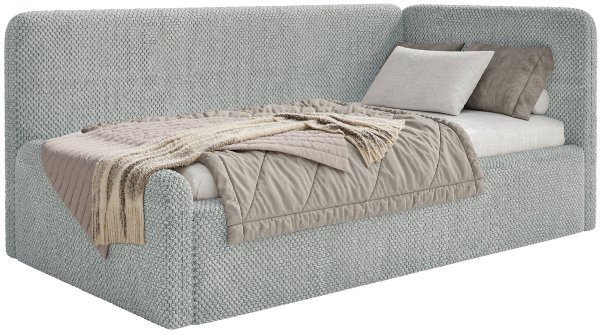 Jugendbett 90x200 cm Fanklo rechtsseitig mit Stauraum, grauer wasserabweisender Plüsch