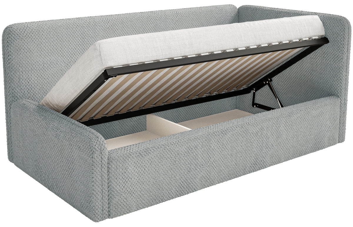 Jugendbett 90x200 cm Fanklo rechtsseitig mit Stauraum, grauer wasserabweisender Plüsch