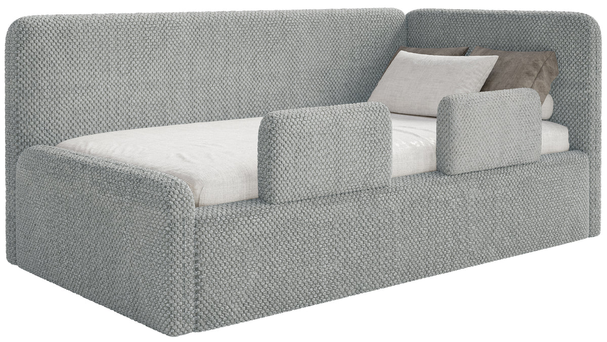 Jugendbett 90x200 cm Fanklo rechtsseitig mit Stauraum und grauen, wasserabweisenden Plüsch-Geländern