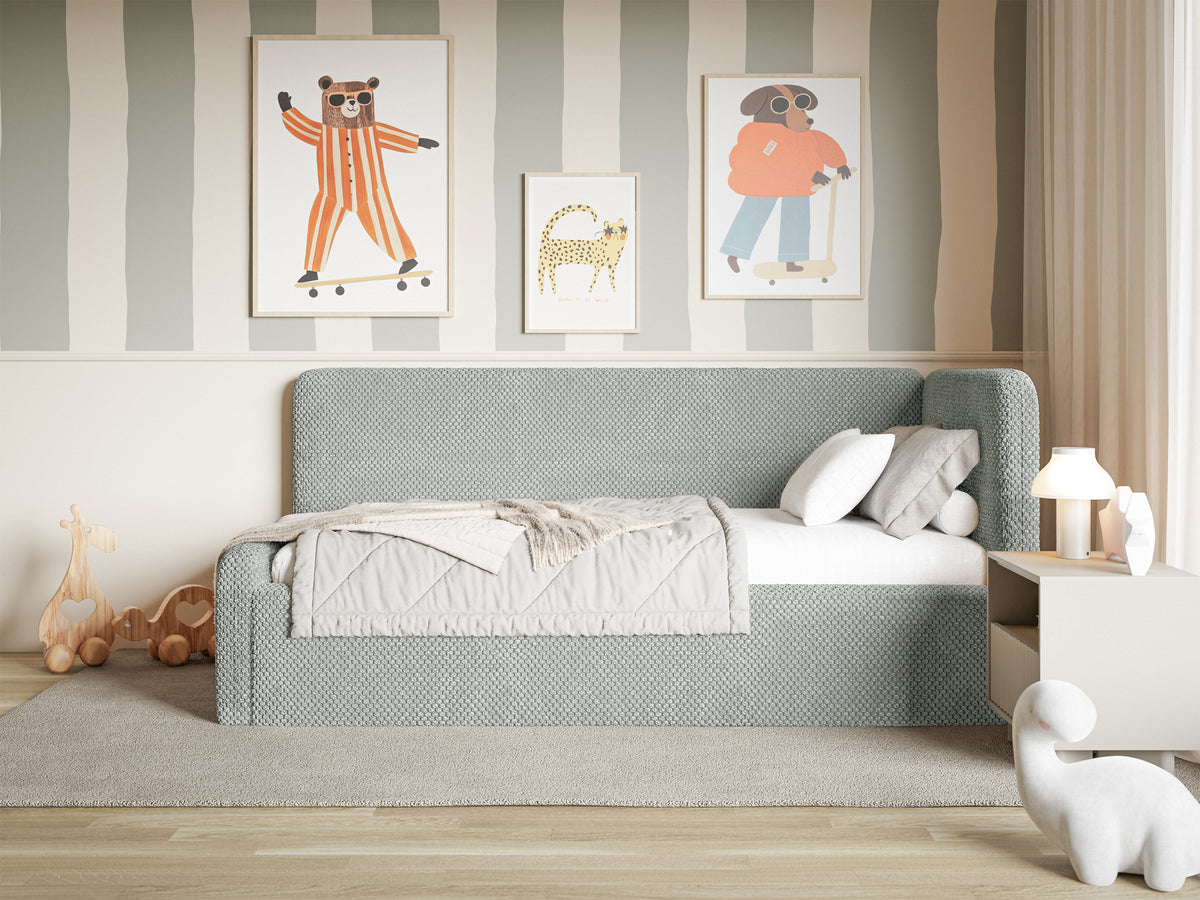 Jugendbett 90x200 cm Fanklo rechtsseitig mit Stauraum, grauer wasserabweisender Plüsch