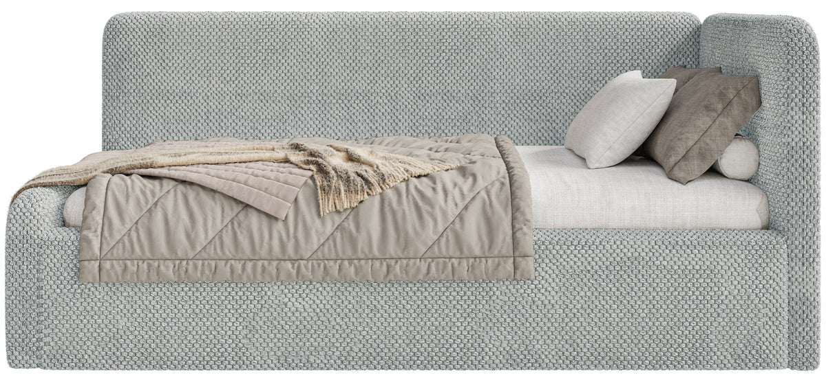 Jugendbett 120x200 cm Fanklo rechtsseitig mit Stauraum und grauen, wasserabweisenden Plüschgeländern