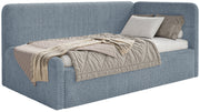 Jugendbett 90x200 cm Fanklo rechtsseitig mit Matratze und Stauraum, blau, hydrophobes Plüsch