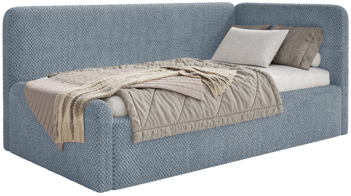 Jugendbett 90x200 cm Fanklo rechtsseitig mit Matratze und Stauraum, blau, hydrophobes Plüsch