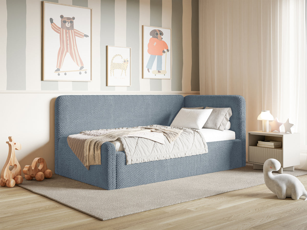 Jugendbett 120x200 cm Fanklo rechtsseitig mit Stauraum, blau, wasserabweisender Plüsch