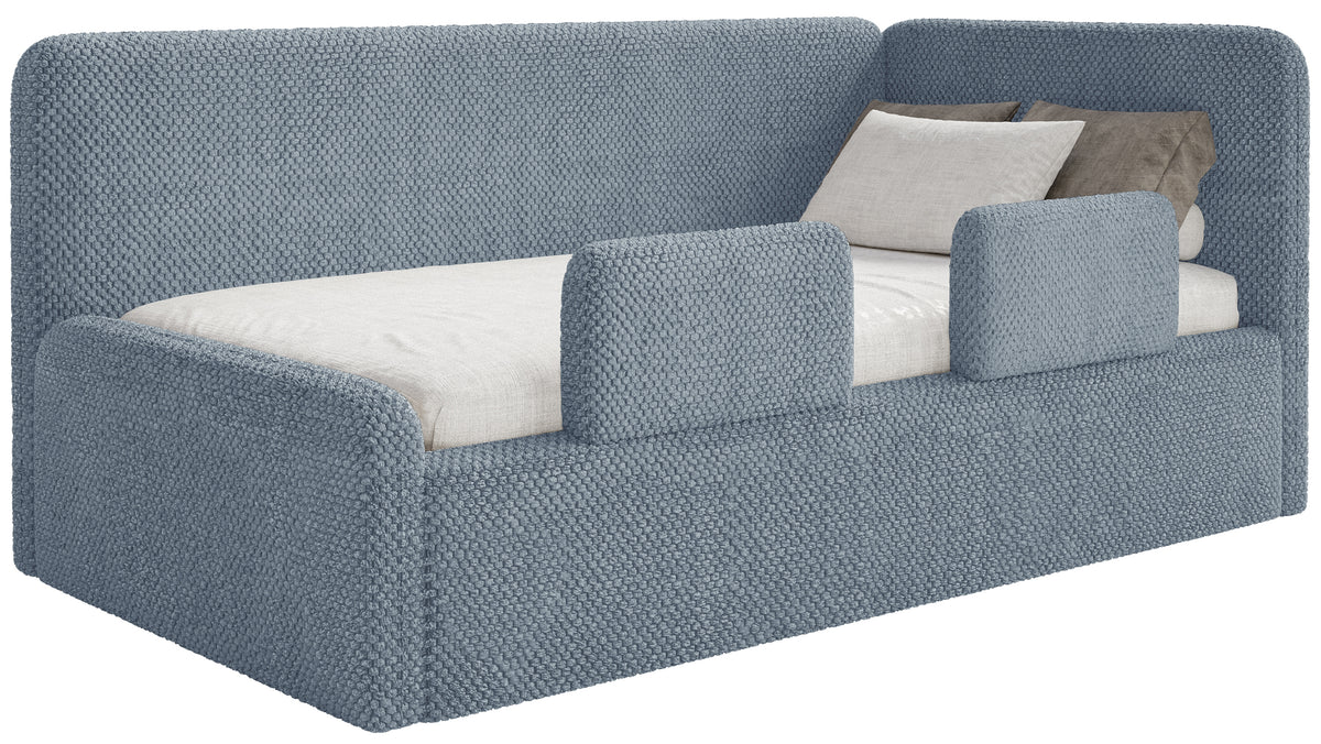 Lit jeune 120x200 cm Fanklo droit avec matelas, coffre de rangement et barrières bleu velours hydrofuge