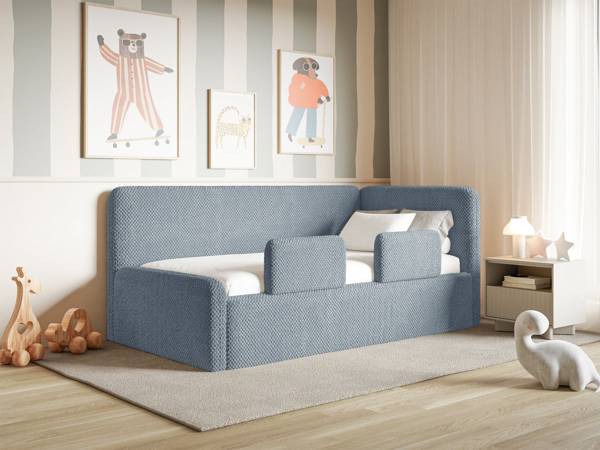 Lit jeune 120x200 cm Fanklo droit avec matelas, coffre de rangement et barrières bleu velours hydrofuge