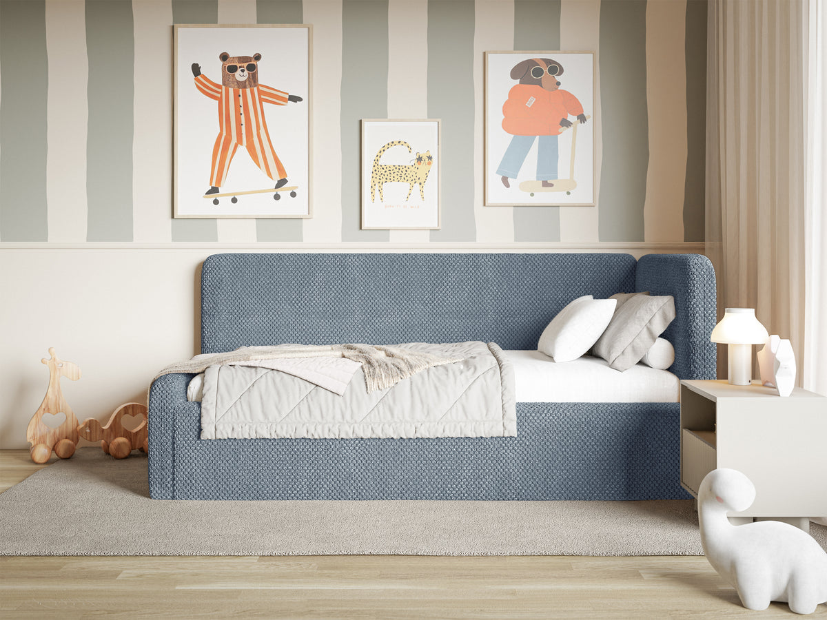 Jugendbett 120x200 cm Fanklo rechtsseitig mit Stauraum, blau, wasserabweisender Plüsch