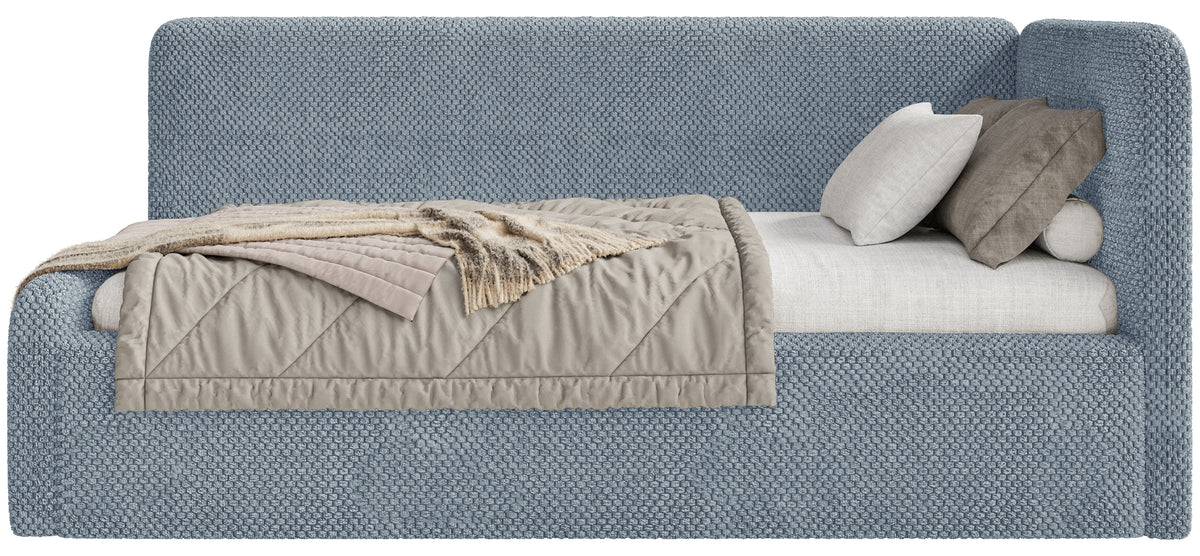 Jugendbett 90x200 cm Fanklo rechtsseitig mit Matratze und Stauraum, blau, hydrophobes Plüsch