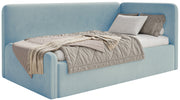 Jugendbett 120x200 cm Fanklo rechtsseitig mit Stauraum, hellblauer Velours, wasserabweisend und leicht zu reinigen