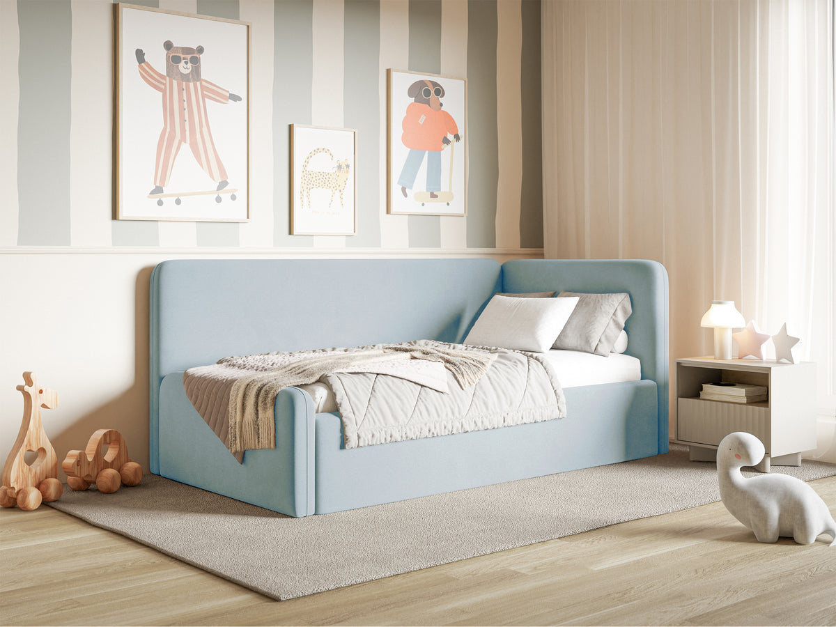 Jugendbett 120x200 cm Fanklo rechtsseitig mit Stauraum, hellblauer Velours, wasserabweisend und leicht zu reinigen