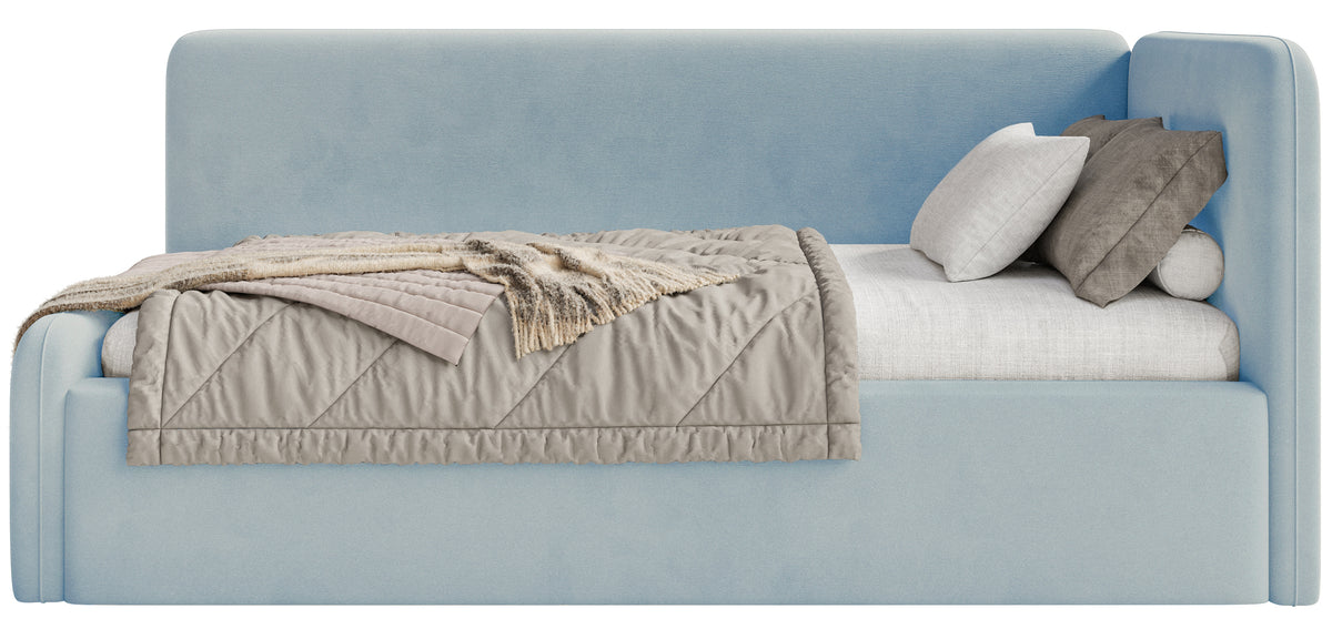 Jugendbett 120x200 cm Fanklo rechtsseitig mit Stauraum, hellblauer Velours, wasserabweisend und leicht zu reinigen