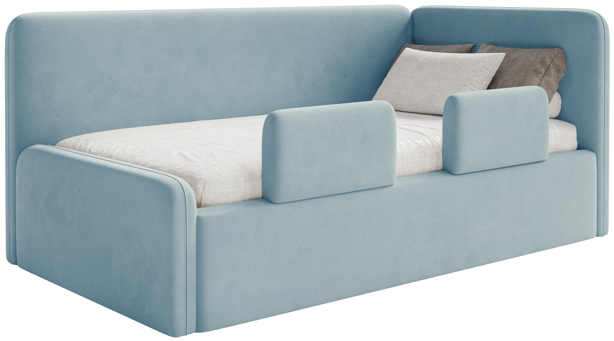 Jugendbett 90x200 cm Fanklo rechtsseitig mit Stauraum und blauen Velours-Hydrophob-Vorhängen, leicht zu reinigen