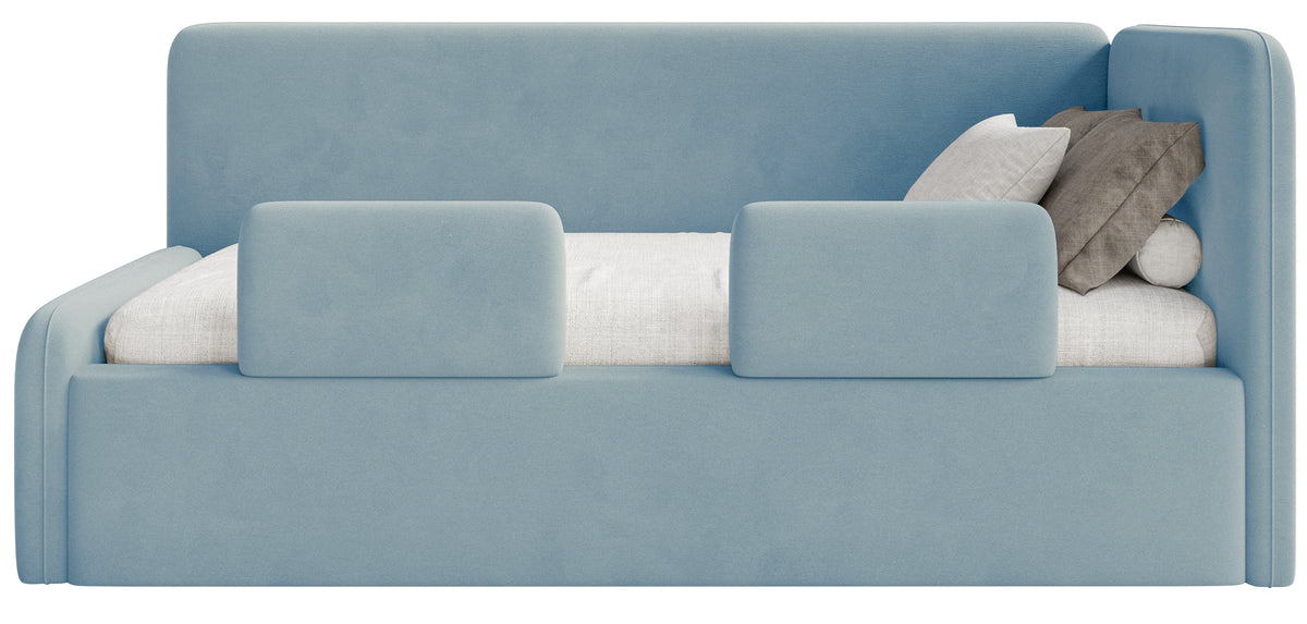 Jugendbett 90x200 cm Fanklo rechtsseitig mit Stauraum und blauen Velours-Hydrophob-Vorhängen, leicht zu reinigen