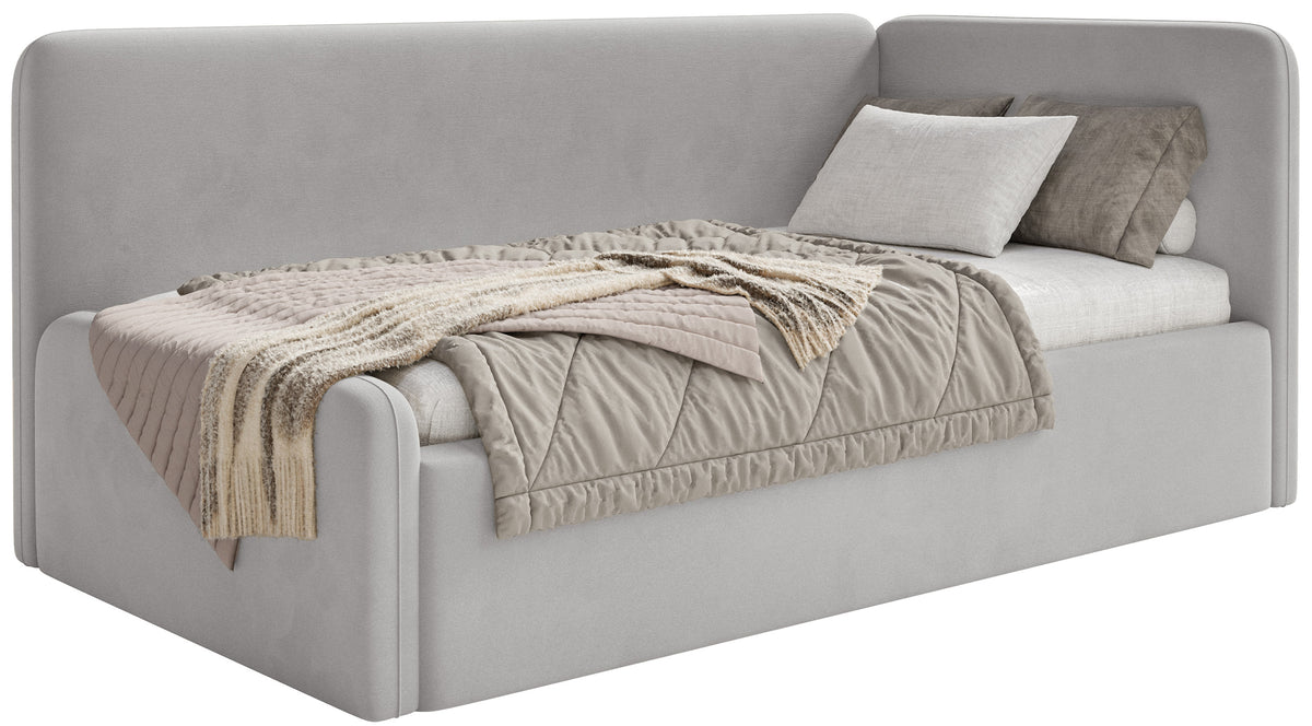 Jugendbett 90x200 cm Fanklo rechtsseitig mit Stauraum, hellgrauer Velours, wasserabweisend und leicht zu reinigen