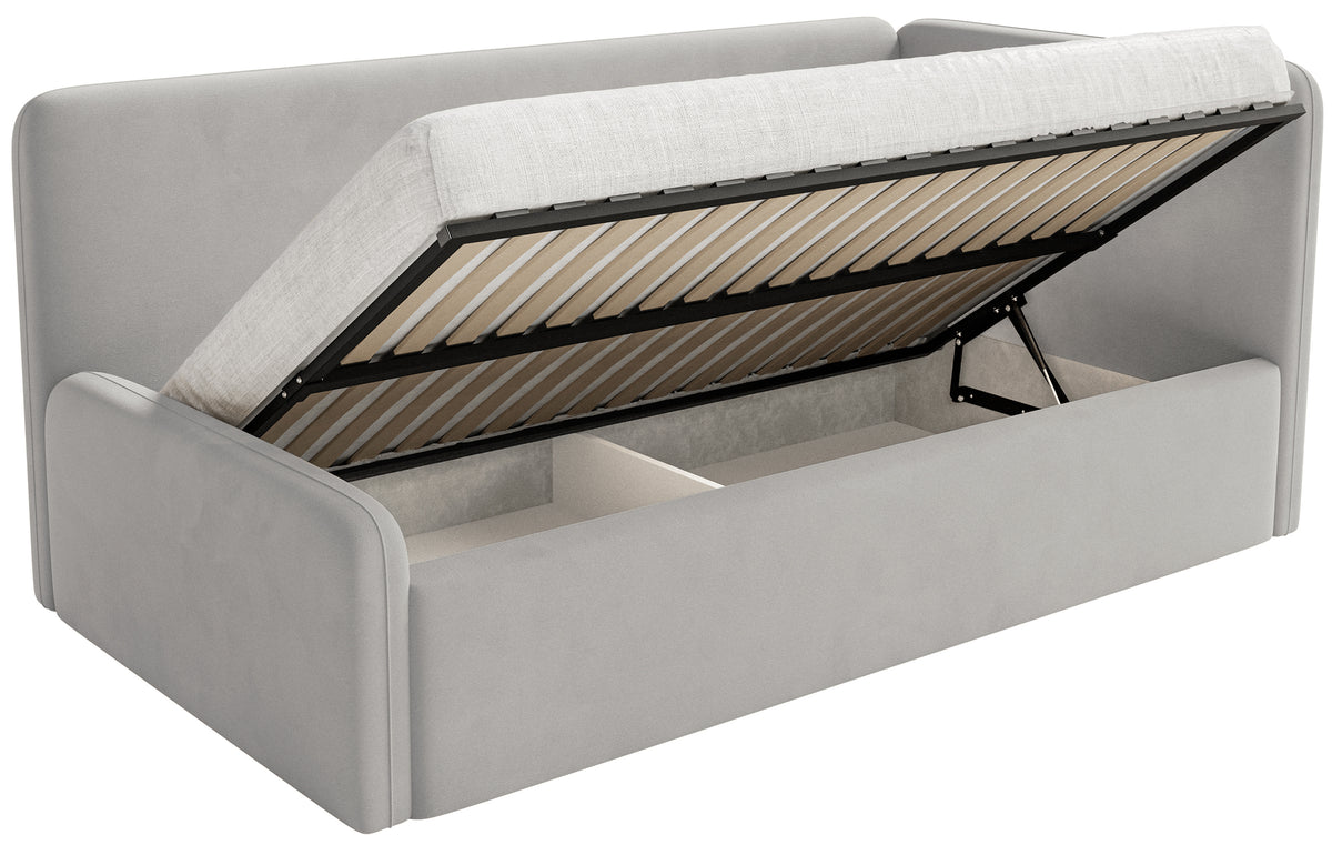 Jugendbett 120x200 cm Fanklo rechtsseitig mit Matratze, Stauraum und hellgrauen, wasserabweisenden, pflegeleichten Samt-Gittern