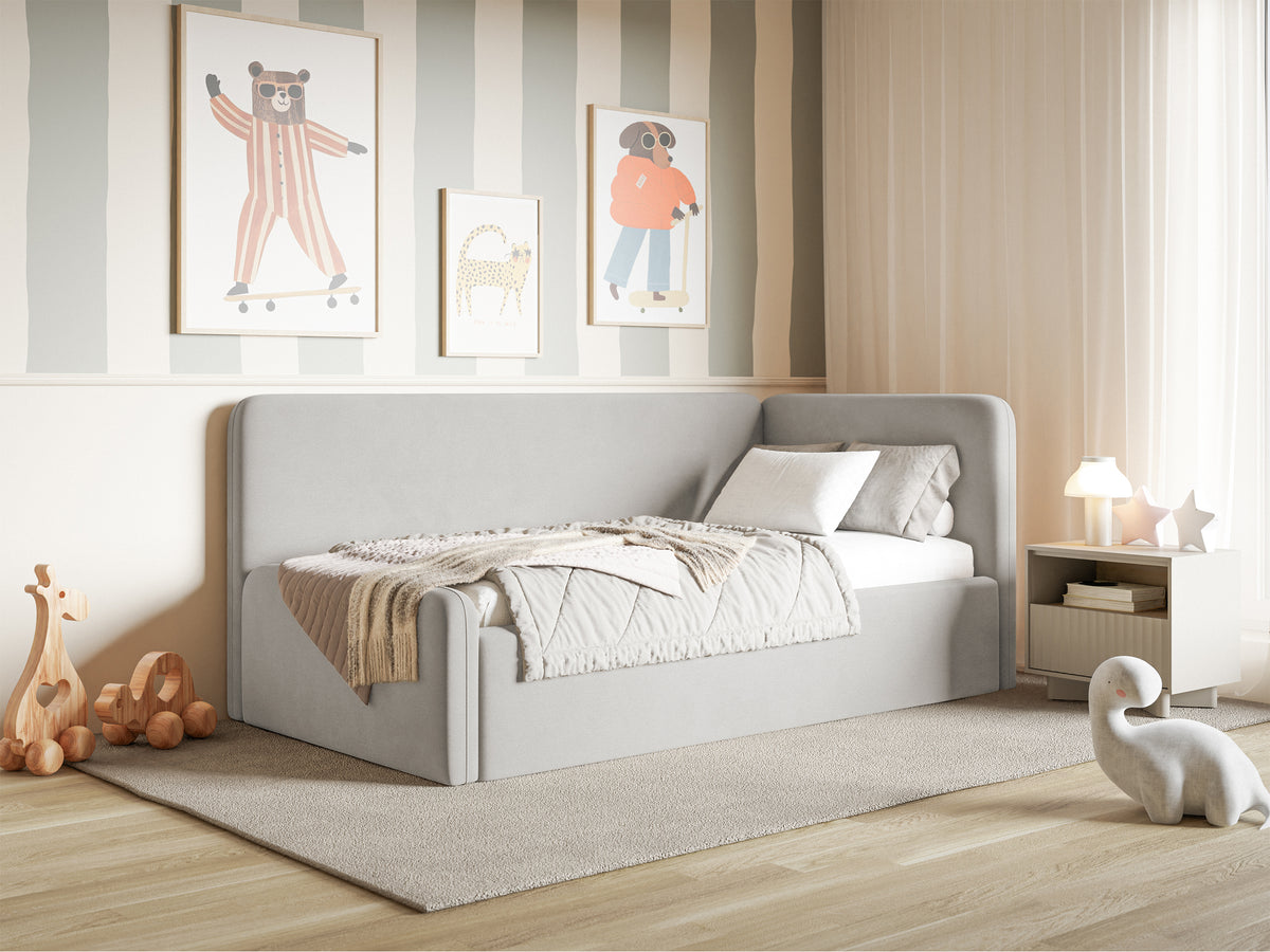 Jugendbett 120x200 cm Fanklo rechtsseitig mit Matratze, Stauraum und hellgrauen, wasserabweisenden, pflegeleichten Samt-Gittern