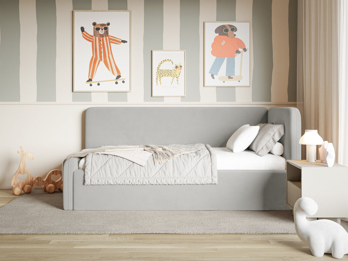 Jugendbett 120x200 cm Fanklo rechtsseitig mit Matratze, Stauraum und hellgrauen, wasserabweisenden, pflegeleichten Samt-Gittern