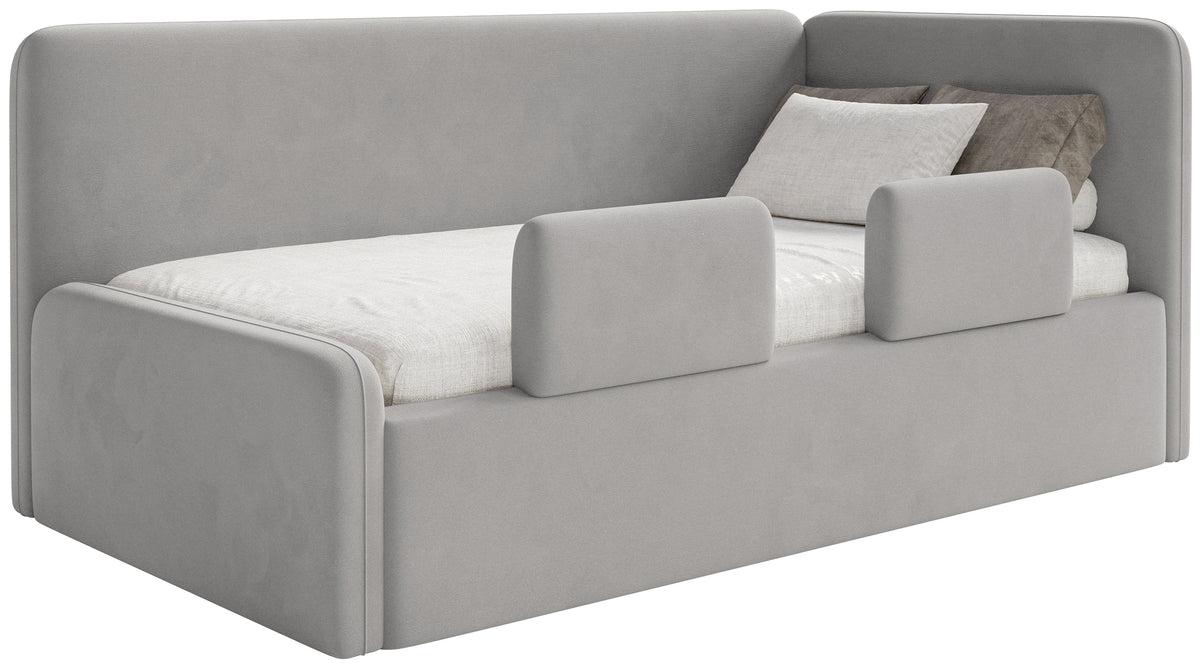 Jugendbett 120x200 cm Fanklo rechtsseitig mit Matratze, Stauraum und hellgrauen, wasserabweisenden, pflegeleichten Samt-Gittern