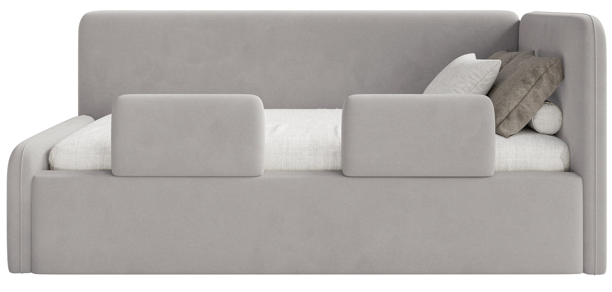 Jugendbett 120x200 cm Fanklo rechtsseitig mit Matratze, Stauraum und hellgrauen, wasserabweisenden, pflegeleichten Samt-Gittern