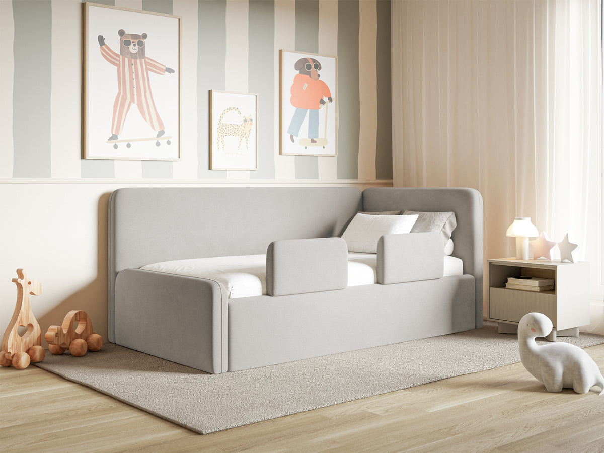 Lit junior 90x200 cm Fanklo droit avec rangement et barrières velours hydrofuge gris clair facile à nettoyer