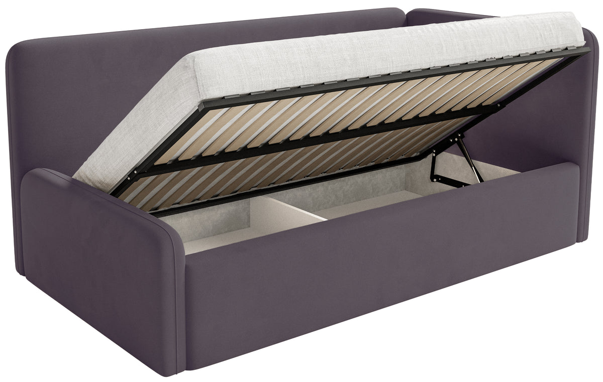 Jugendbett 120x200 cm Fanklo rechtsseitig mit Stauraum und Geländern, violetter Velours, wasserabweisend und leicht zu reinigen