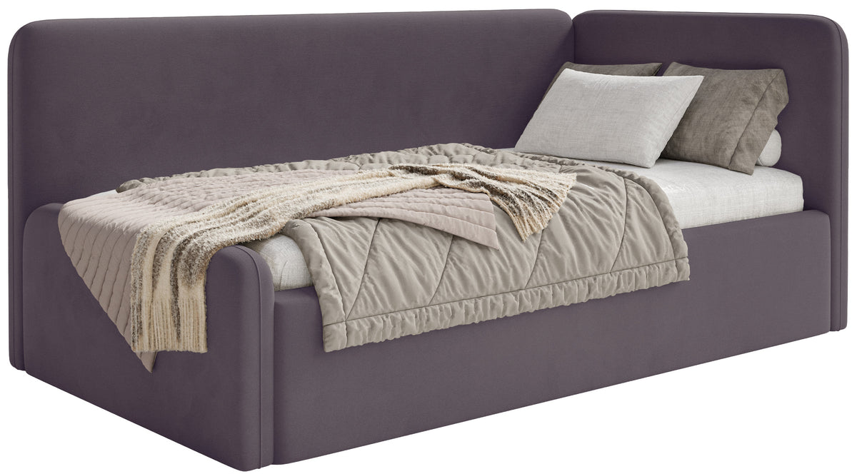 Jugendbett 120x200 cm Fanklo rechtsseitig mit Stauraum und Geländern, violetter Velours, wasserabweisend und leicht zu reinigen