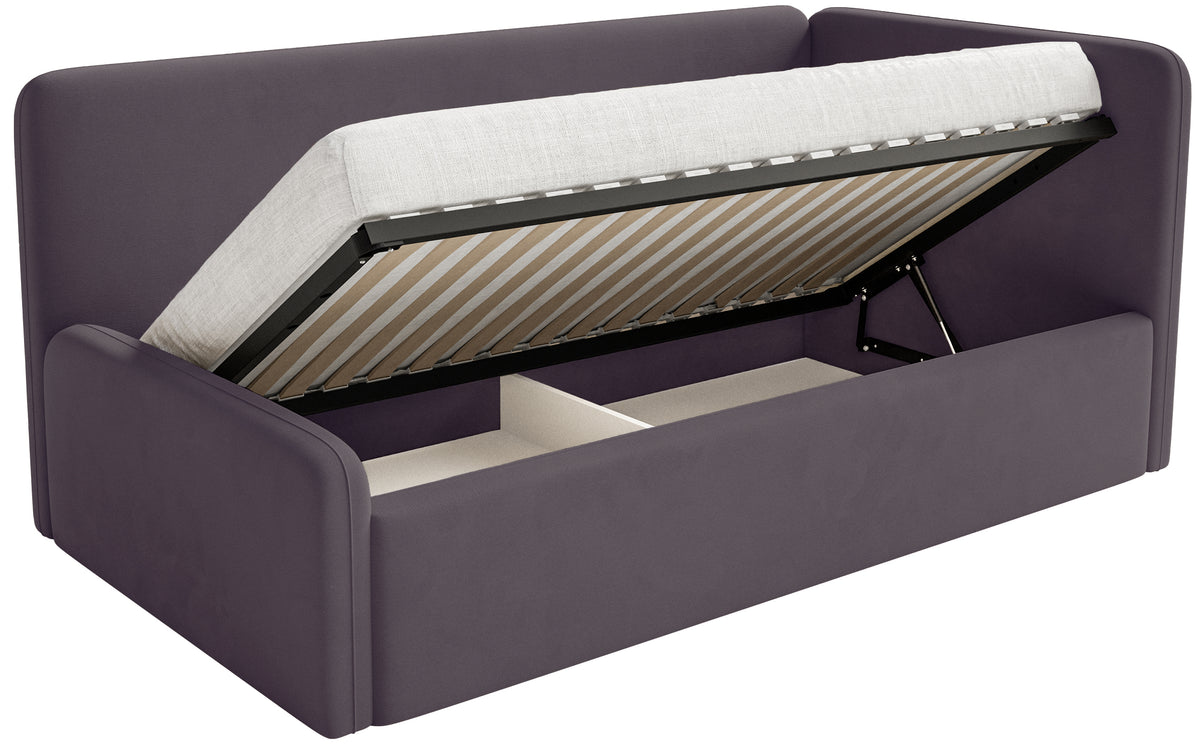 Lit junior 90x200 cm Fanklo droit avec rangement velours violet hydrofuge facile à nettoyer