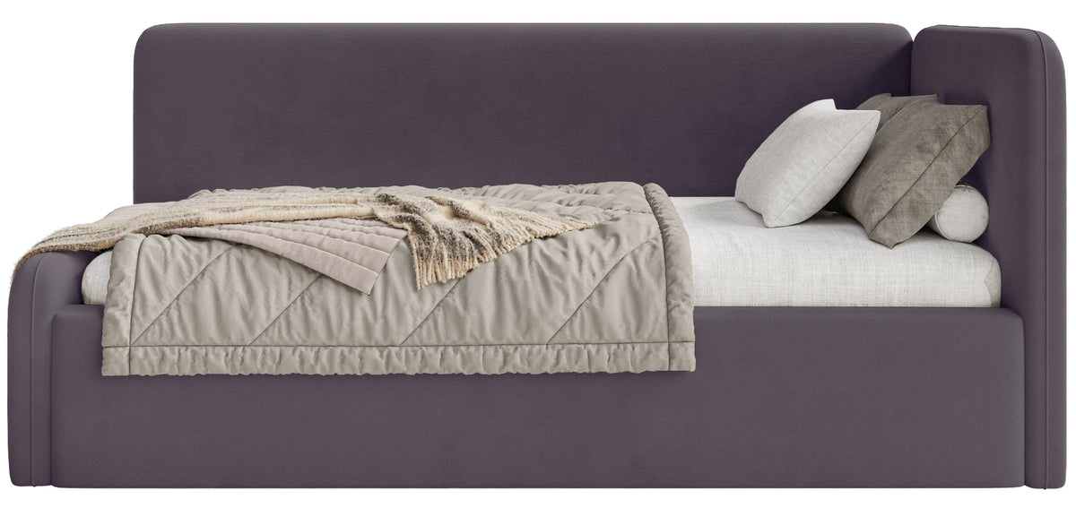 Lit junior 90x200 cm Fanklo droit avec rangement velours violet hydrofuge facile à nettoyer