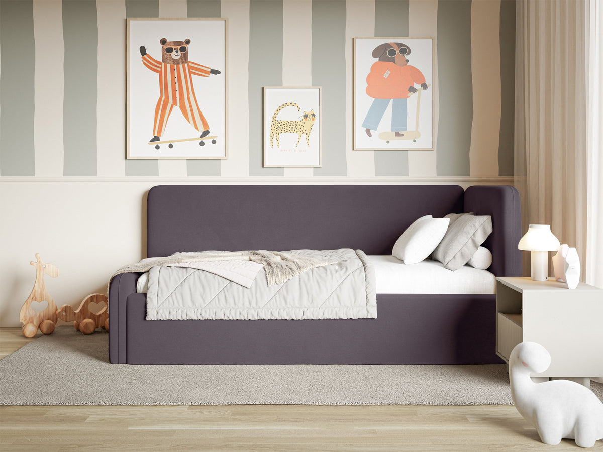 Jugendbett 120x200 cm Fanklo rechtsseitig mit Stauraum und Geländern, violetter Velours, wasserabweisend und leicht zu reinigen