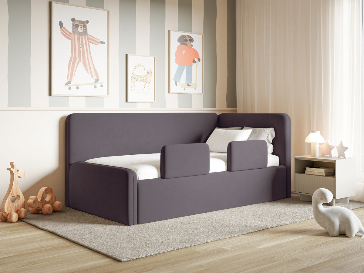 Jugendbett 120x200 cm Fanklo rechtsseitig mit Stauraum und Geländern, violetter Velours, wasserabweisend und leicht zu reinigen