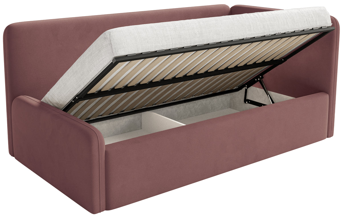 Jugendbett 120x200 cm Fanklo rechtsseitig mit Aufbewahrungsbox, rosa Velours, wasserabweisend und pflegeleicht