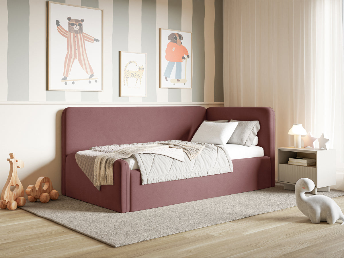 Jugendbett 90x200 cm Fanklo rechtsseitig mit Stauraum, rosa Velours, wasserabweisend und leicht zu reinigen