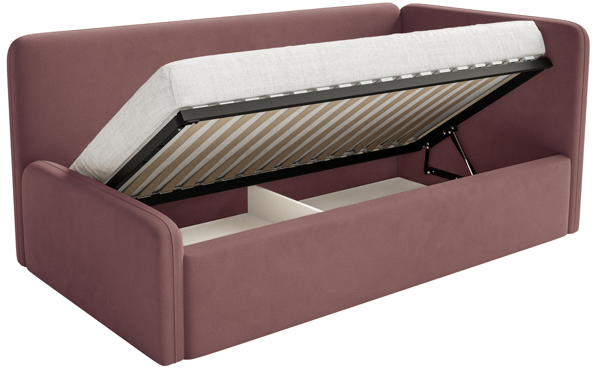 Jugendbett 90x200 cm Fanklo rechtsseitig mit Stauraum, rosa Velours, wasserabweisend und leicht zu reinigen