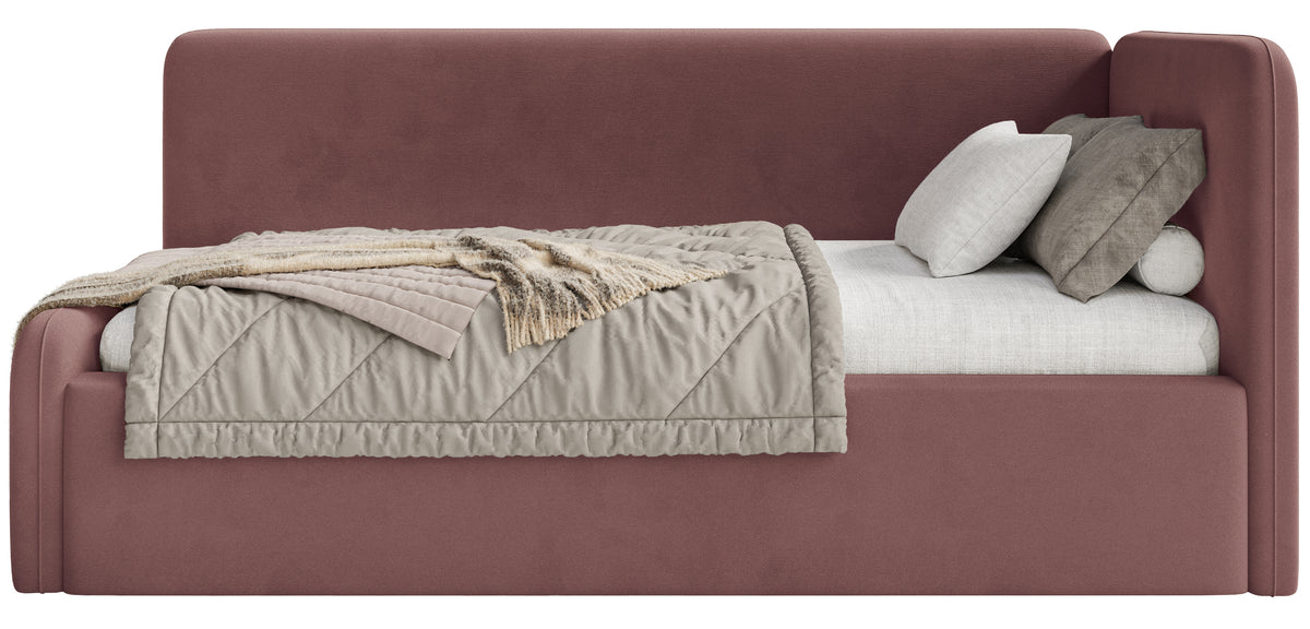 Jugendbett 90x200 cm Fanklo rechtsseitig mit Stauraum, rosa Velours, wasserabweisend und leicht zu reinigen