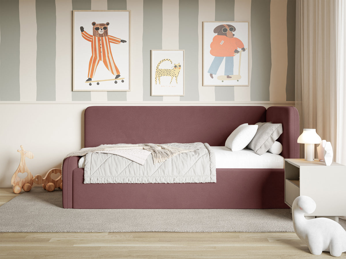 Jugendbett 90x200 cm Fanklo rechtsseitig mit Stauraum, rosa Velours, wasserabweisend und leicht zu reinigen