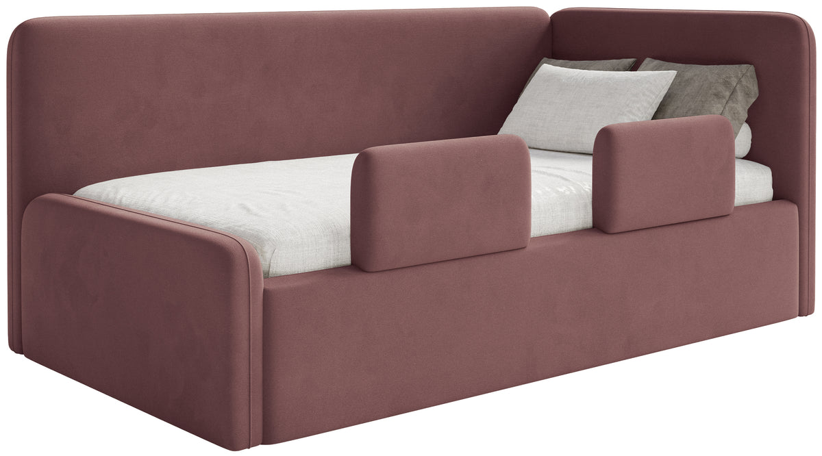 Lit pour adolescent 90x200 cm Fanklo droite avec matelas, coffre, barrières, velours hydrofuge rose facile à nettoyer