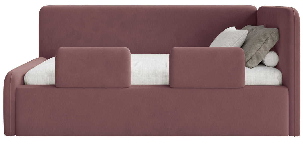 Lit junior 120x200 cm Fanklo droit avec rangement et barrières, velours rose hydrofuge et facile à nettoyer